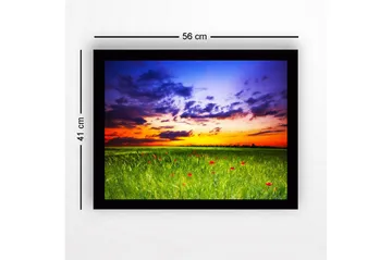 Innrammet lerretsbilde i tre - 41x56 cm - Vakker solnedgang over en grønn eng med røde valmuer - Grønn / Oransje / Blå - Interiør - Maleri & posters - Lerretsbilder