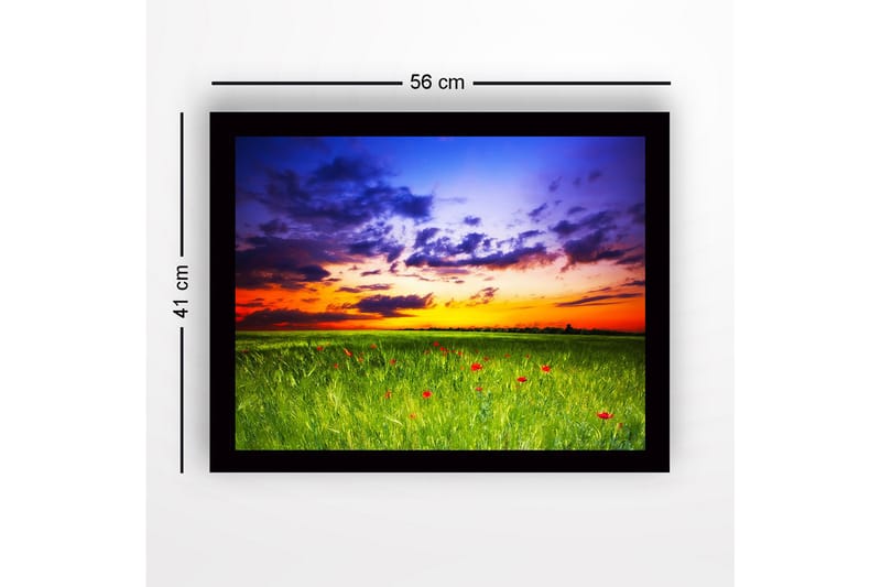 Innrammet lerretsbilde i tre - 41x56 cm - Vakker solnedgang over en grønn eng med røde valmuer - Grønn / Oransje / Blå - Interiør - Maleri & posters - Lerretsbilder