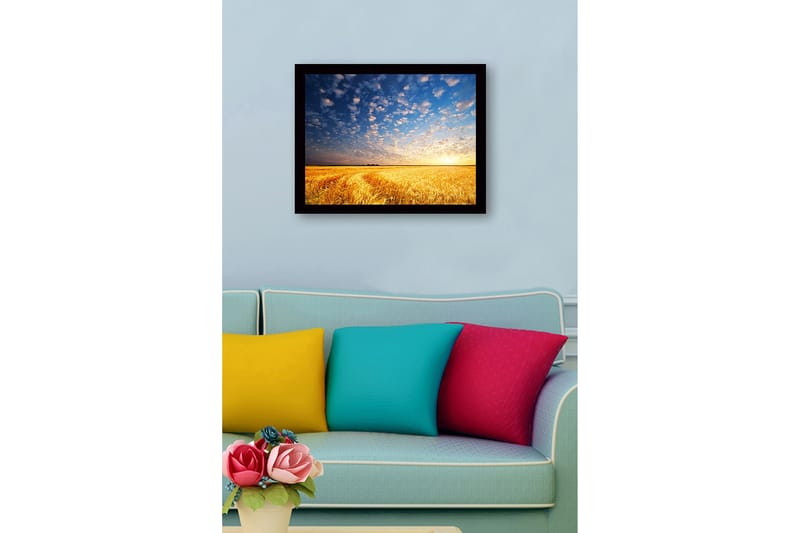 Innrammet lerretsbilde i tre - 41x56 cm - Vakker solnedgang over et gyllent hvetefelt - Gull / Blå / Hvit - Interiør - Maleri & posters - Lerretsbilder