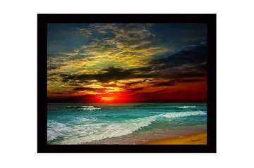 Innrammet lerretsbilde i tre - 41x56 cm - Vakker solnedgang over havet med dramatiske skyformasjoner - Mørk rød / Turkis / Gyllen - Interiør - Maleri & posters - Lerretsbilder