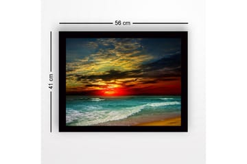 Innrammet lerretsbilde i tre - 41x56 cm - Vakker solnedgang over havet med dramatiske skyformasjoner - Mørk rød / Turkis / Gyllen - Interiør - Maleri & posters - Lerretsbilder