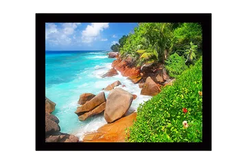 Innrammet lerretsbilde i tre - 41x56 cm - Vakker strand med steiner og turkis vann - Turkis / Grønn / Beige - Interiør - Maleri & posters - Lerretsbilder