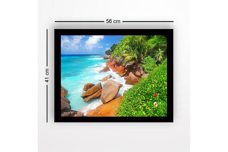 Innrammet lerretsbilde i tre - 41x56 cm - Vakker strand med steiner og turkis vann - Turkis / Grønn / Beige - Interiør - Maleri & posters - Lerretsbilder
