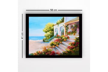 Innrammet lerretsbilde i tre - 41x56 cm - Vakker trapp med blomsterpotter i et solrikt kystmiljø - Grønn / Rosa / Blå - Interiør - Maleri & posters - Lerretsbilder