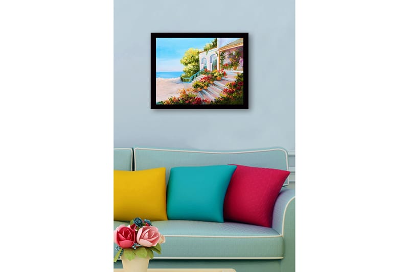 Innrammet lerretsbilde i tre - 41x56 cm - Vakker trapp med blomsterpotter i et solrikt kystmiljø - Grønn / Rosa / Blå - Interiør - Maleri & posters - Lerretsbilder