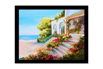 Innrammet lerretsbilde i tre - 41x56 cm - Vakker trapp med blomsterpotter i et solrikt kystmiljø - Grønn / Rosa / Blå - Interiør - Maleri & posters - Lerretsbilder