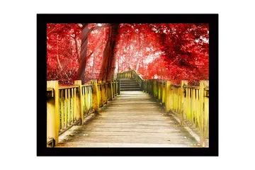 Innrammet lerretsbilde i tre - 41x56 cm - Vakker trebro omgitt av røde trær i høstlige omgivelser - Rød / Gul / Brun - Interiør - Maleri & posters - Lerretsbilder
