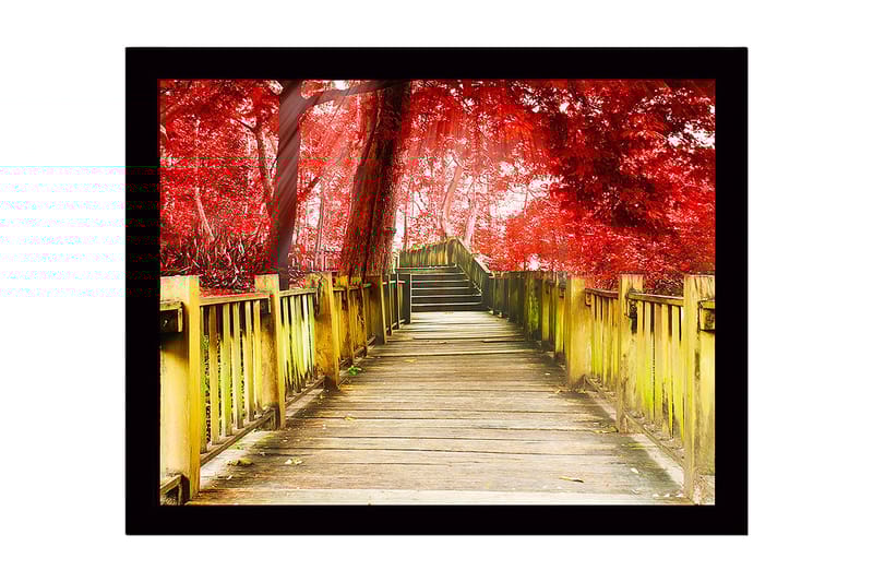 Innrammet lerretsbilde i tre - 41x56 cm - Vakker trebro omgitt av røde trær i høstlige omgivelser, Rød / Gul / Brun