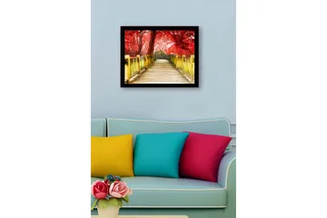 Innrammet lerretsbilde i tre - 41x56 cm - Vakker trebro omgitt av røde trær i høstlige omgivelser - Rød / Gul / Brun - Interiør - Maleri & posters - Lerretsbilder