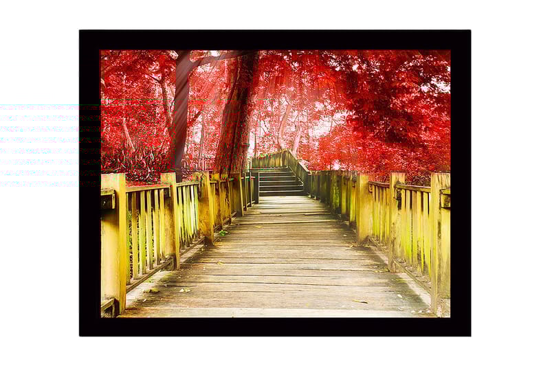 Innrammet lerretsbilde i tre - 41x56 cm - Vakker trebro omgitt av røde trær i høstlige omgivelser, Rød / Gul / Brun