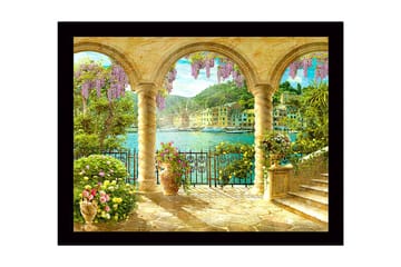 Innrammet lerretsbilde i tre - 41x56 cm - Vakker utsikt gjennom buen med blomster og havet i bakgrunnen - Lilla / Grønn / Gull - Interiør - Maleri & posters - Lerretsbilder