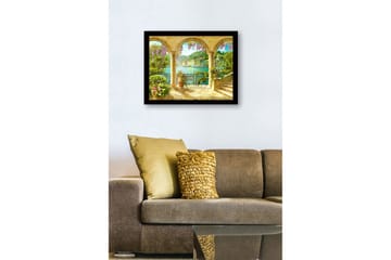 Innrammet lerretsbilde i tre - 41x56 cm - Vakker utsikt gjennom buen med blomster og havet i bakgrunnen - Lilla / Grønn / Gull - Interiør - Maleri & posters - Lerretsbilder