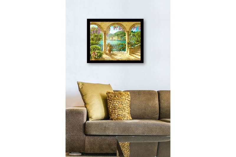 Innrammet lerretsbilde i tre - 41x56 cm - Vakker utsikt gjennom buen med blomster og havet i bakgrunnen - Lilla / Grønn / Gull - Interiør - Maleri & posters - Lerretsbilder