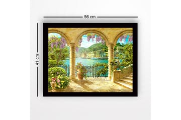 Innrammet lerretsbilde i tre - 41x56 cm - Vakker utsikt gjennom buen med blomster og havet i bakgrunnen - Lilla / Grønn / Gull - Interiør - Maleri & posters - Lerretsbilder