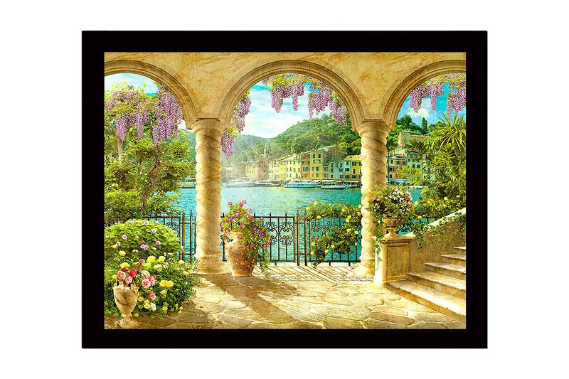 Innrammet lerretsbilde i tre - 41x56 cm - Vakker utsikt gjennom buen med blomster og havet i bakgrunnen, Lilla / Grønn / Gull