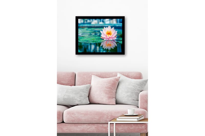 Innrammet lerretsbilde i tre - 41x56 cm - Vakker vannlilje som flyter på en speillignende overflate - Rosa / Grønn / Gul - Interiør - Maleri & posters - Lerretsbilder