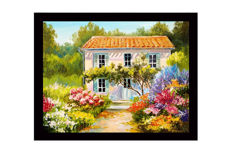 Innrammet lerretsbilde i tre - 41x56 cm - Vakker villa omgitt av blomstrende hage, Grønn / Rosa / Gul