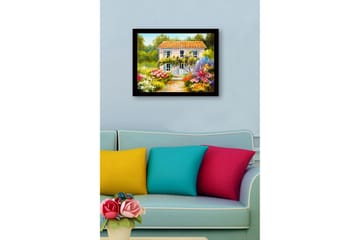 Innrammet lerretsbilde i tre - 41x56 cm - Vakker villa omgitt av blomstrende hage - Grønn / Rosa / Gul - Interiør - Maleri & posters - Lerretsbilder
