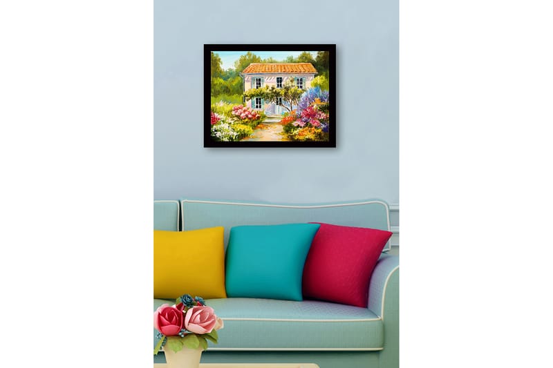 Innrammet lerretsbilde i tre - 41x56 cm - Vakker villa omgitt av blomstrende hage - Grønn / Rosa / Gul - Interiør - Maleri & posters - Lerretsbilder