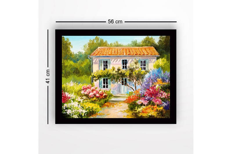 Innrammet lerretsbilde i tre - 41x56 cm - Vakker villa omgitt av blomstrende hage - Grønn / Rosa / Gul - Interiør - Maleri & posters - Lerretsbilder