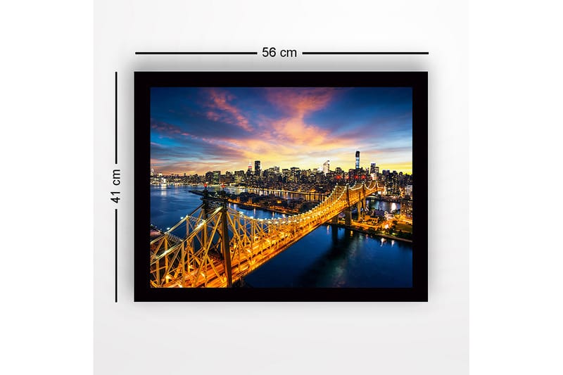 Innrammet lerretsbilde i tre - 41x56 cm - Vakkert bybilde av en bro med en glitrende skyline i bakgrunnen - Gull / Blå / Rosa - Interiør - Maleri & posters - Lerretsbilder