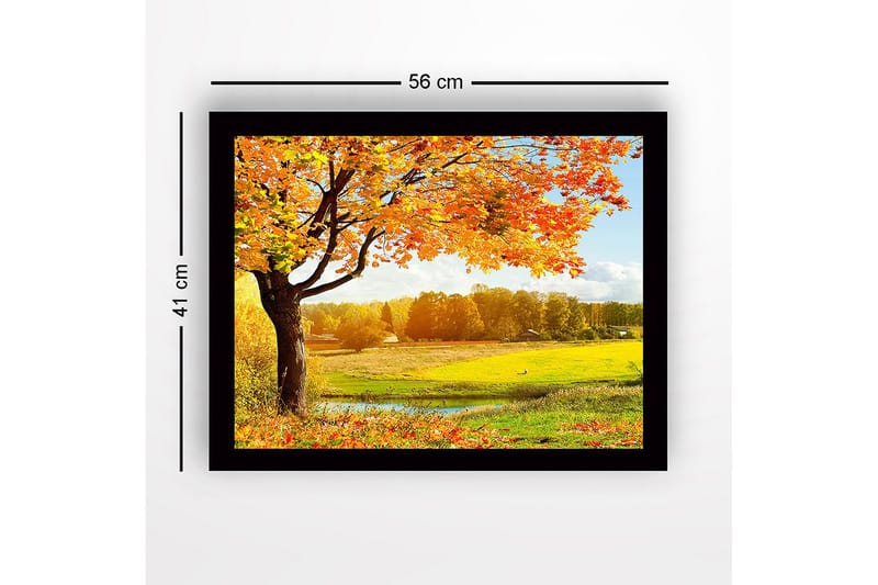 Innrammet lerretsbilde i tre - 41x56 cm - Vakkert høstlandskap med et stort tre og fargerike blader - Oransje / Gul / Grønn - Interiør - Maleri & posters - Lerretsbilder
