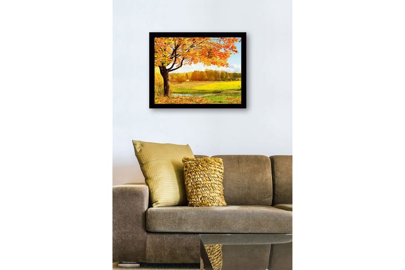 Innrammet lerretsbilde i tre - 41x56 cm - Vakkert høstlandskap med et stort tre og fargerike blader - Oransje / Gul / Grønn - Interiør - Maleri & posters - Lerretsbilder