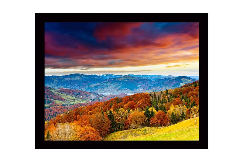 Innrammet lerretsbilde i tre - 41x56 cm - Vakkert høstlandskap med fargerike trær og fjerne fjell, Oransje / Grønn / Blå