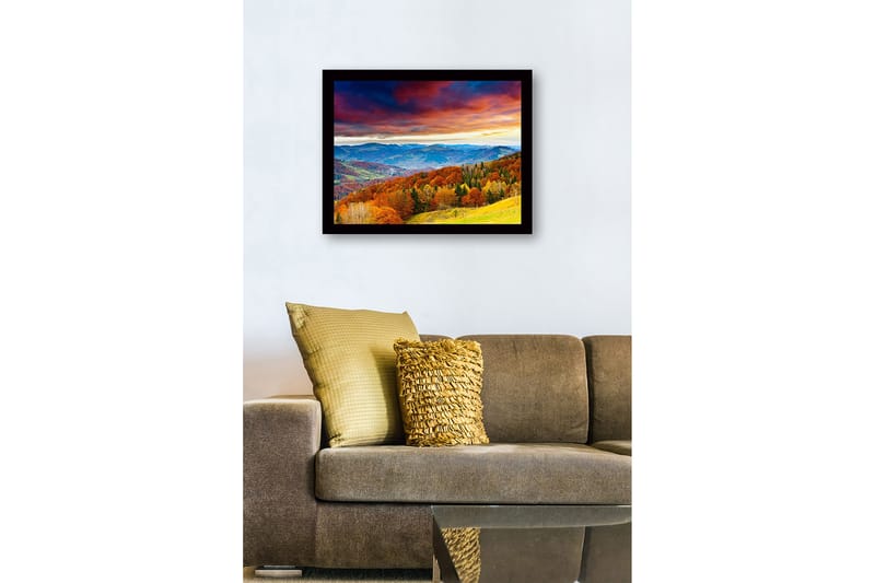 Innrammet lerretsbilde i tre - 41x56 cm - Vakkert høstlandskap med fargerike trær og fjerne fjell - Oransje / Grønn / Blå - Interiør - Maleri & posters - Lerretsbilder