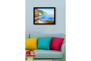 Innrammet lerretsbilde i tre - 41x56 cm - Vakkert kystlandskap med fargerike hus og blomstrende vegetasjon ved sjøen - Blå / Grønn / Oransje - Interiør - Maleri & posters - Lerretsbilder