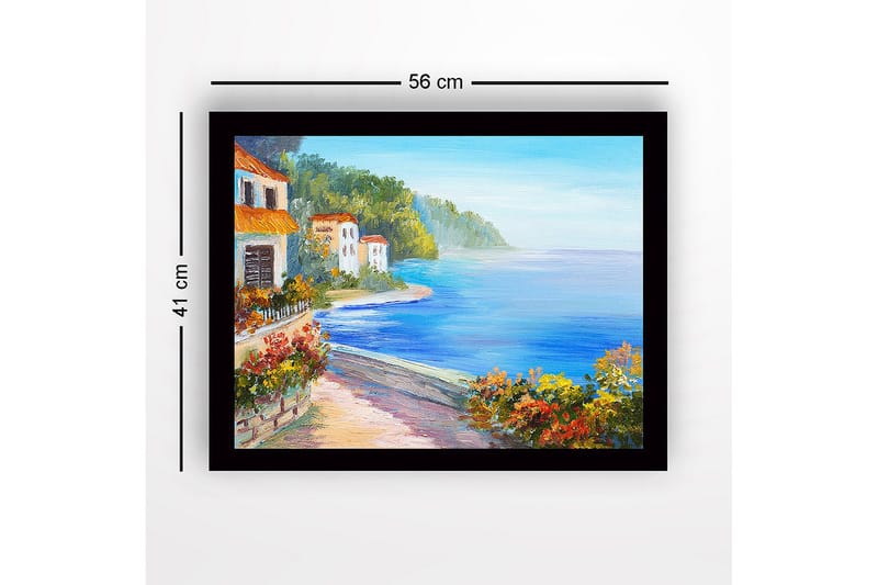 Innrammet lerretsbilde i tre - 41x56 cm - Vakkert kystlandskap med fargerike hus og blomstrende vegetasjon ved sjøen - Blå / Grønn / Oransje - Interiør - Maleri & posters - Lerretsbilder