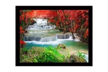 Innrammet lerretsbilde i tre - 41x56 cm - Vakre fossefall omgitt av rødbladet vegetasjon - Rød / Grønn / Turkis - Interiør - Maleri & posters - Lerretsbilder