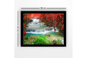 Innrammet lerretsbilde i tre - 41x56 cm - Vakre fossefall omgitt av rødbladet vegetasjon - Rød / Grønn / Turkis - Interiør - Maleri & posters - Lerretsbilder