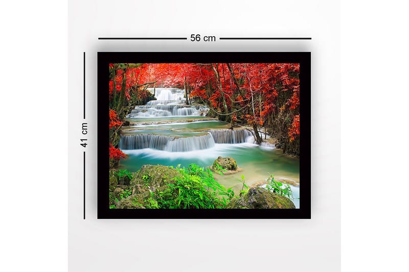 Innrammet lerretsbilde i tre - 41x56 cm - Vakre fossefall omgitt av rødbladet vegetasjon - Rød / Grønn / Turkis - Interiør - Maleri & posters - Lerretsbilder
