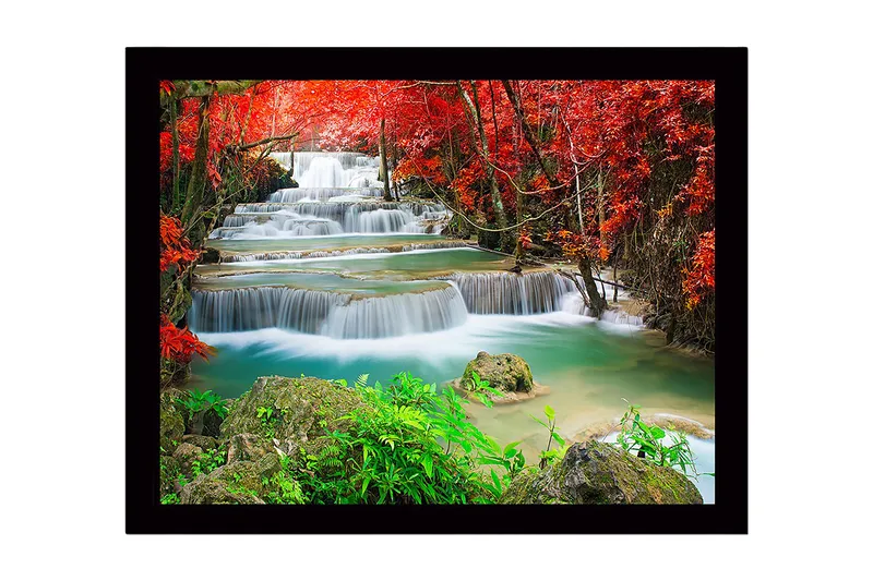 Innrammet lerretsbilde i tre - 41x56 cm - Vakre fossefall omgitt av rødbladet vegetasjon, Rød / Grønn / Turkis
