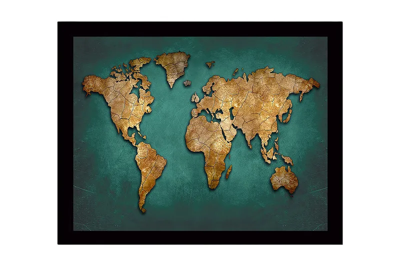 Innrammet lerretsbilde i tre - 41x56 cm - Verdenskart i gulltoner på turkis bakgrunn - Gull / Turkis - Interiør - Maleri & posters - Lerretsbilder