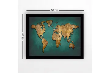 Innrammet lerretsbilde i tre - 41x56 cm - Verdenskart i gulltoner på turkis bakgrunn - Gull / Turkis - Interiør - Maleri & posters - Lerretsbilder