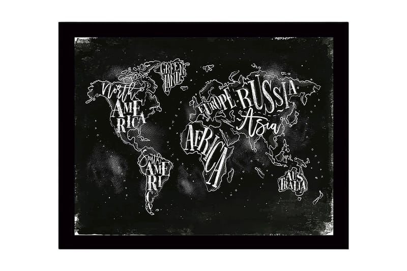 Innrammet lerretsbilde i tre - 41x56 cm - Verdenskart med håndskrevne navn på kontinenter og land, Svart / Hvit