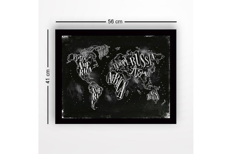 Innrammet lerretsbilde i tre - 41x56 cm - Verdenskart med håndskrevne navn på kontinenter og land - Svart / Hvit - Interiør - Maleri & posters - Lerretsbilder