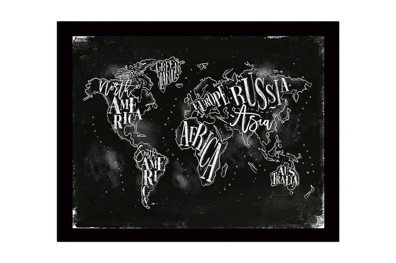 Innrammet lerretsbilde i tre - 41x56 cm - Verdenskart med håndskrevne navn på kontinenter og land, Svart / Hvit