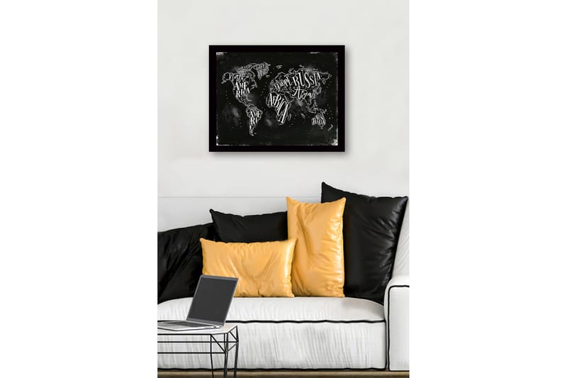 Innrammet lerretsbilde i tre - 41x56 cm - Verdenskart med håndskrevne navn på kontinenter og land - Svart / Hvit - Interiør - Maleri & posters - Lerretsbilder