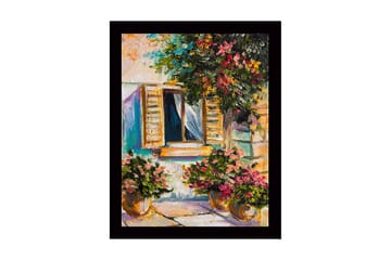Innrammet lerretsbilde i tre - 41x56 cm - Vindu med blomsterpotter i solrike omgivelser - Grønn / Rosa / Gul - Interiør - Maleri & posters - Lerretsbilder