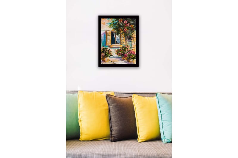 Innrammet lerretsbilde i tre - 41x56 cm - Vindu med blomsterpotter i solrike omgivelser - Grønn / Rosa / Gul - Interiør - Maleri & posters - Lerretsbilder