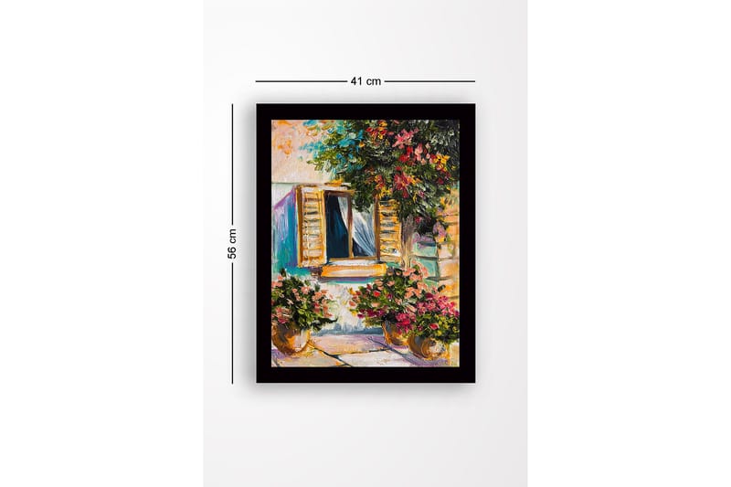 Innrammet lerretsbilde i tre - 41x56 cm - Vindu med blomsterpotter i solrike omgivelser - Grønn / Rosa / Gul - Interiør - Maleri & posters - Lerretsbilder