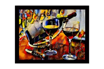 Innrammet lerretsbilde i tre - 41x56 cm - Vinkaraffel og glass med vin i en livlig komposisjon - Gull / Rød / Blå - Interiør - Maleri & posters - Lerretsbilder