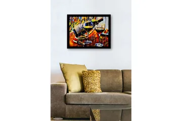 Innrammet lerretsbilde i tre - 41x56 cm - Vinkaraffel og glass med vin i en livlig komposisjon - Gull / Rød / Blå - Interiør - Maleri & posters - Lerretsbilder