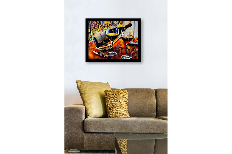 Innrammet lerretsbilde i tre - 41x56 cm - Vinkaraffel og glass med vin i en livlig komposisjon - Gull / Rød / Blå - Interiør - Maleri & posters - Lerretsbilder