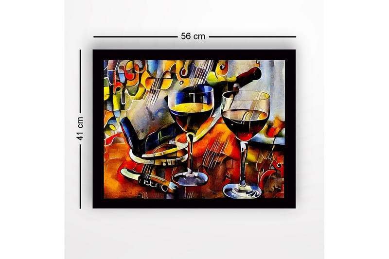 Innrammet lerretsbilde i tre - 41x56 cm - Vinkaraffel og glass med vin i en livlig komposisjon - Gull / Rød / Blå - Interiør - Maleri & posters - Lerretsbilder