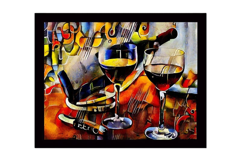 Innrammet lerretsbilde i tre - 41x56 cm - Vinkaraffel og glass med vin i en livlig komposisjon, Gull / Rød / Blå