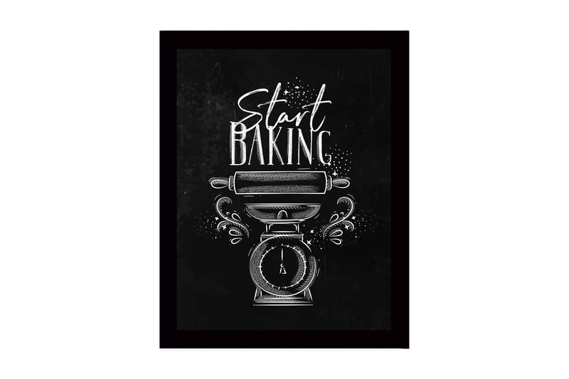 Innrammet lerretsbilde i tre - 41x56 cm - Vintage kjøkkenvekt med kjevle og teksten Start Baking, Svart / Hvit